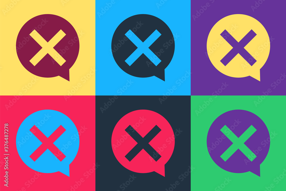 Poster pop art x mark, cross in circle icon isolated on color background. check cross mark icon. vector.