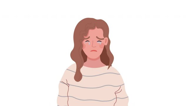 Cute girl crying in cartoon style. Motion graphics. Video of a sad woman