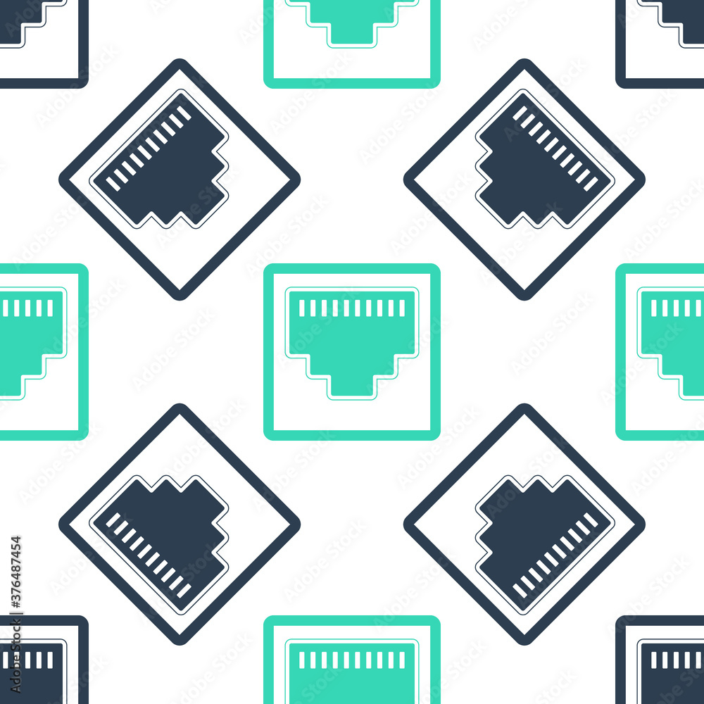 Poster green network port - cable socket icon isolated seamless pattern on white background. lan port icon.