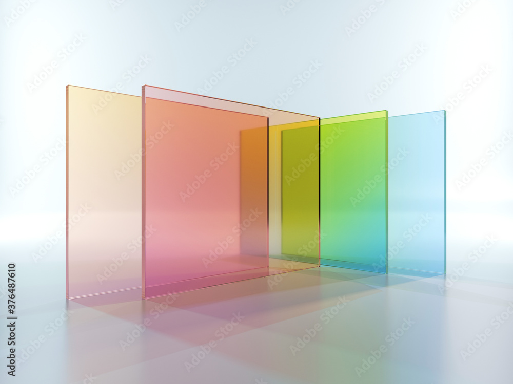 Poster 3d rendering, abstract geometric background, translucent glass with colorful gradient, simple square