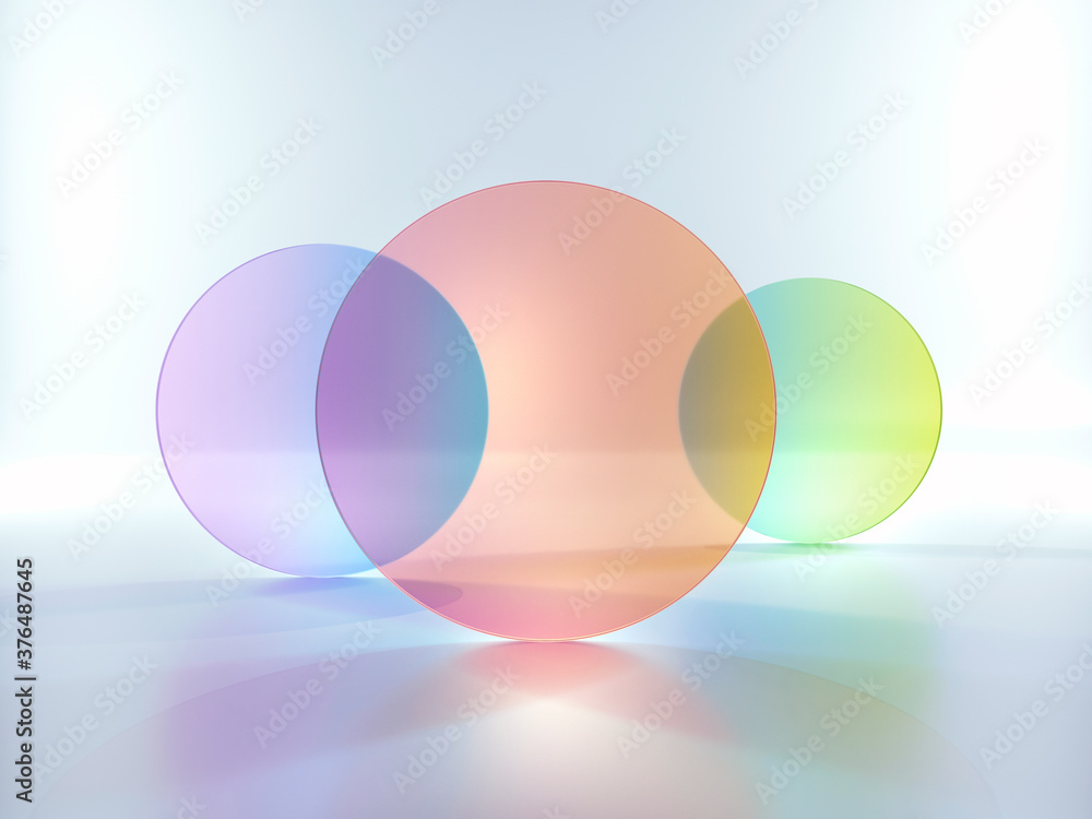 Poster 3d rendering, abstract modern minimal background with colorful translucent round glass shapes, simpl