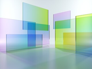 3d render, abstract geometric background, translucent glass with colorful gradient, simple square shapes