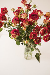 Red roses bouquet in vase on white background. Floral holiday composition