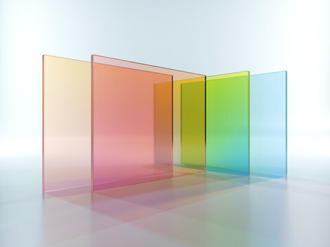 3d rendering, abstract geometric background, translucent glass with colorful gradient, simple square shapes. Modern minimal concept