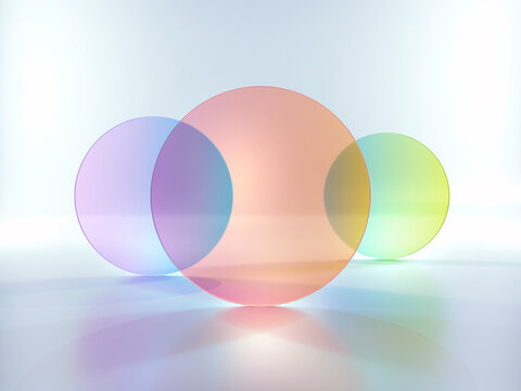 3d Rendering, Abstract Modern Minimal Background With Colorful Translucent Round Glass Shapes, Simple Geometric Shapes