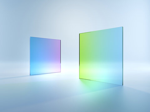 3d render, abstract simple geometrical shapes isolated on white background. Flat square glass with blue violet green gradient. Modern minimal concept