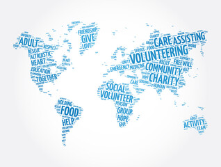 Volunteering word cloud in shape of world map, concept background