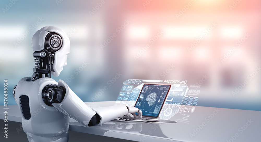 Poster robot humanoid use laptop and sit at table for big data analytic using ai thinking brain , artificia