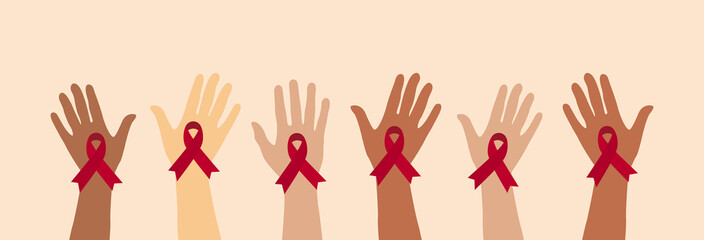 AIDs HIV awareness red ribbons. Human hands raised. 1st of December. Vector
