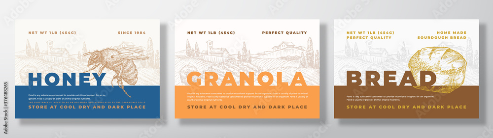 Wall mural hone, granola and bread food label templates set. abstract vector packaging design layouts bundle. m