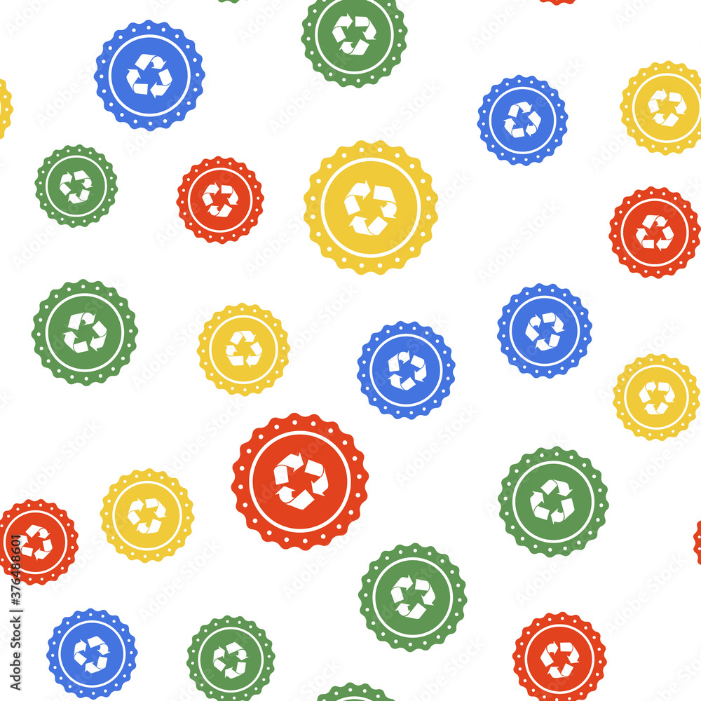 Poster color recycle symbol label icon isolated seamless pattern on white background. environment recycling