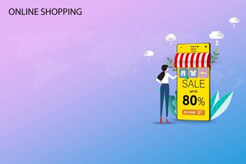 Concept of online shopping, young woman wear a medical white mask and touch the screen of smart phone that contain app icon of product and discount rate to order a new pant. Vector 3D design.