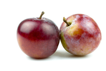 Two ripe pink plums isolated on a white background.