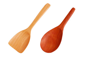 Wooden ladle and wooden spatula isolated on white background. Concept of reducing the use of plastic containers has turned to environmental protection containers.