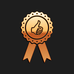 Gold Thumbs up on medal badge with ribbons icon isolated on black background. Long shadow style. Vector.