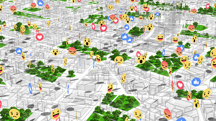 Social Network Likes and Reactions Icons Appear Above City Buildings. 3D Illustration.