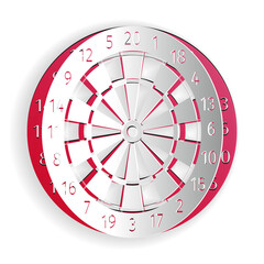 Paper cut Classic darts board with twenty black and white sectors icon isolated on white background. Dart board sign. Dartboard sign. Game concept. Paper art style. Vector.