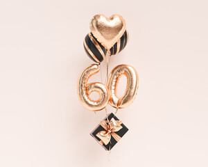 60 years old. Gold balloons number 60th anniversary, happy birthday congratulations. 3d rendering.