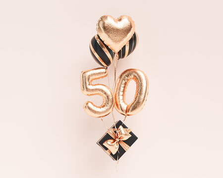 50 Years Old. Gold Balloons Number 50th Anniversary, Happy Birthday Congratulations. 3d Rendering.