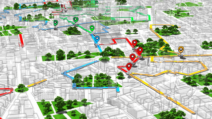 Localization, GPS Navigation, Path Finding in the City. Routing. 3D Illustration.