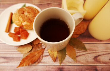 Cup of coffee and dessert on wooden table. コーヒーと秋のスウィーツ