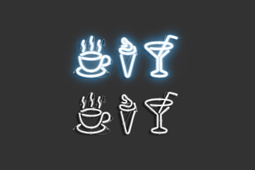 Decorative coffee, ice cream and martini neon symbol mock up