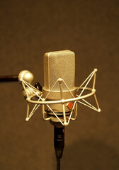 Fototapeta na wymiar Gray background microphone in professional recording room.