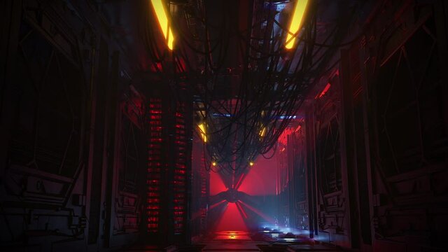 Futuristic tunnel with ventilation fan and underground telecommunication cables. Synthwave theme, music video background, retrowave