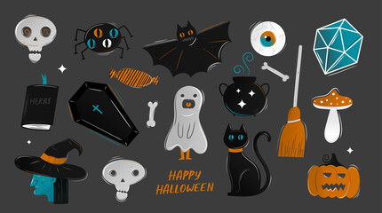 Halloween illustration with different characters. Halloween party elements.