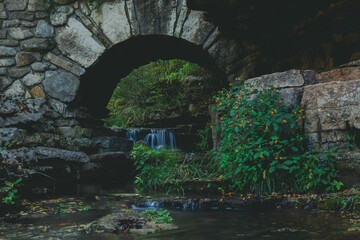 Waterfall Under Ruins Bridge in Forest 