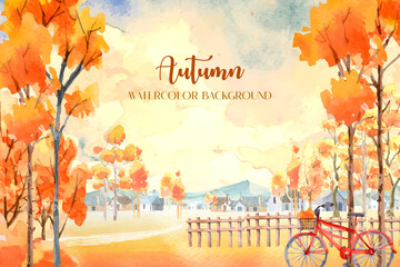 Autumn watercolor painting with many orange trees with a red bike on the front. 