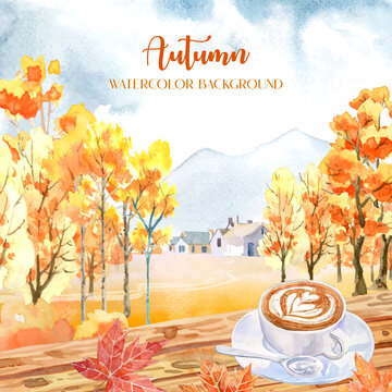 Autumn watercolor painting with many orange trees with a cup of coffee and maple leaf on the front. 