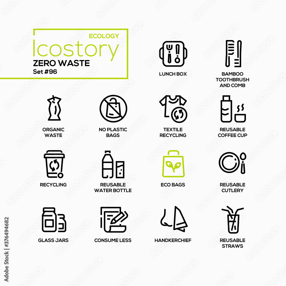 Poster zero waste - vector line design style icons set