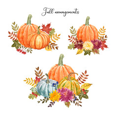 Fall pumpkin vase arrangement set. Watercolor harvest illustrations. Orange squashes, flowers and autumn foliage, isolated. Thanksgiving day card design.