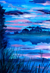 Fototapeta na wymiar Dawn on the river. Drawing, landscape