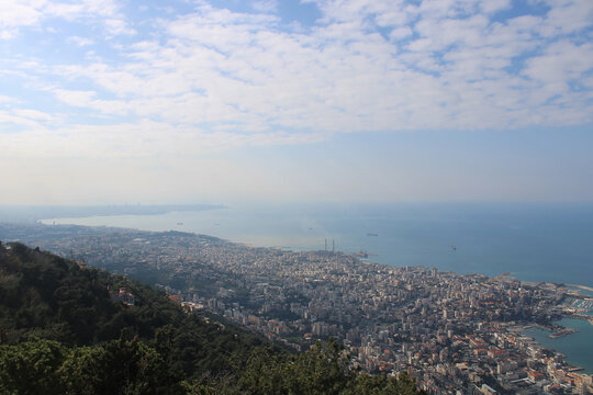 Jounieh View From Our Lady Of Lebanon Harissa With A Cloudy Sky 