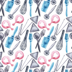 Watercolor seamless pattern with cooking tools and holiday sweets