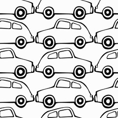 Vector seamless black and white pattern of ornamental lined cars in lines