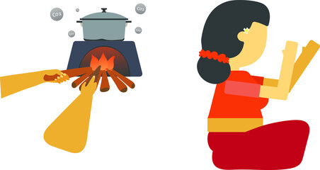 Fototapeta premium Balinese women with traditional stove in the kitchen