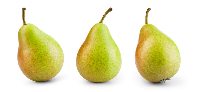 Pear isolated. Green pear on white background. Pear with clipping path. Set of pears.