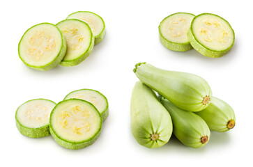 Zucchini isolated. Zucchini on white background. Whole, cut, slice zuchini. Marrow squash set.