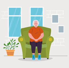 cute old woman sitting in sofa, in house interior vector illustration design