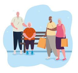 cute old people with chair park and bags shopping vector illustration design