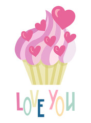 Valentines Day pink cupcake with hearts and love you sign. Isolated on white background vector illustration.