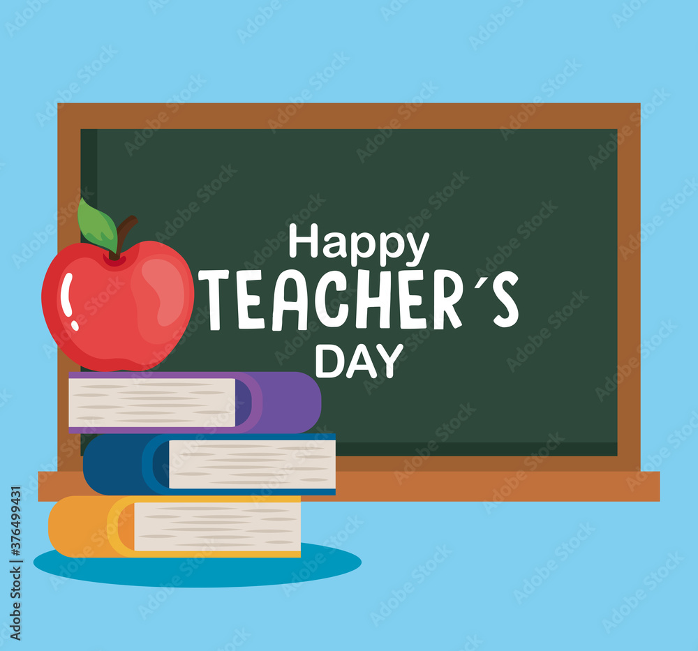 Poster happy teachers day, chalkboard with pile books and apple vector illustration design