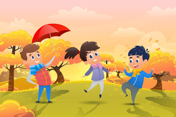 Cartoon children play autumn, landscape