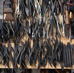 old hardware, tools, metal parts at a flea market