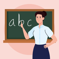 woman teacher with chalkboard in classroom vector illustration design