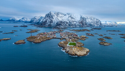 Aerial view over beautiful Henninggsvær in Lofoten, Norway