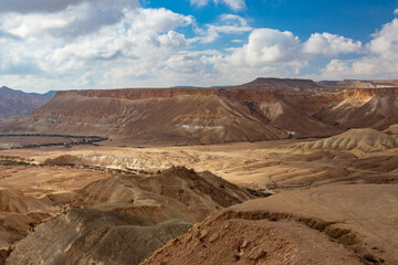 Fototapeta na wymiar Morning landscape of the Negev desert. Neighborhoods of the settlement of Sde Boker, Israel.